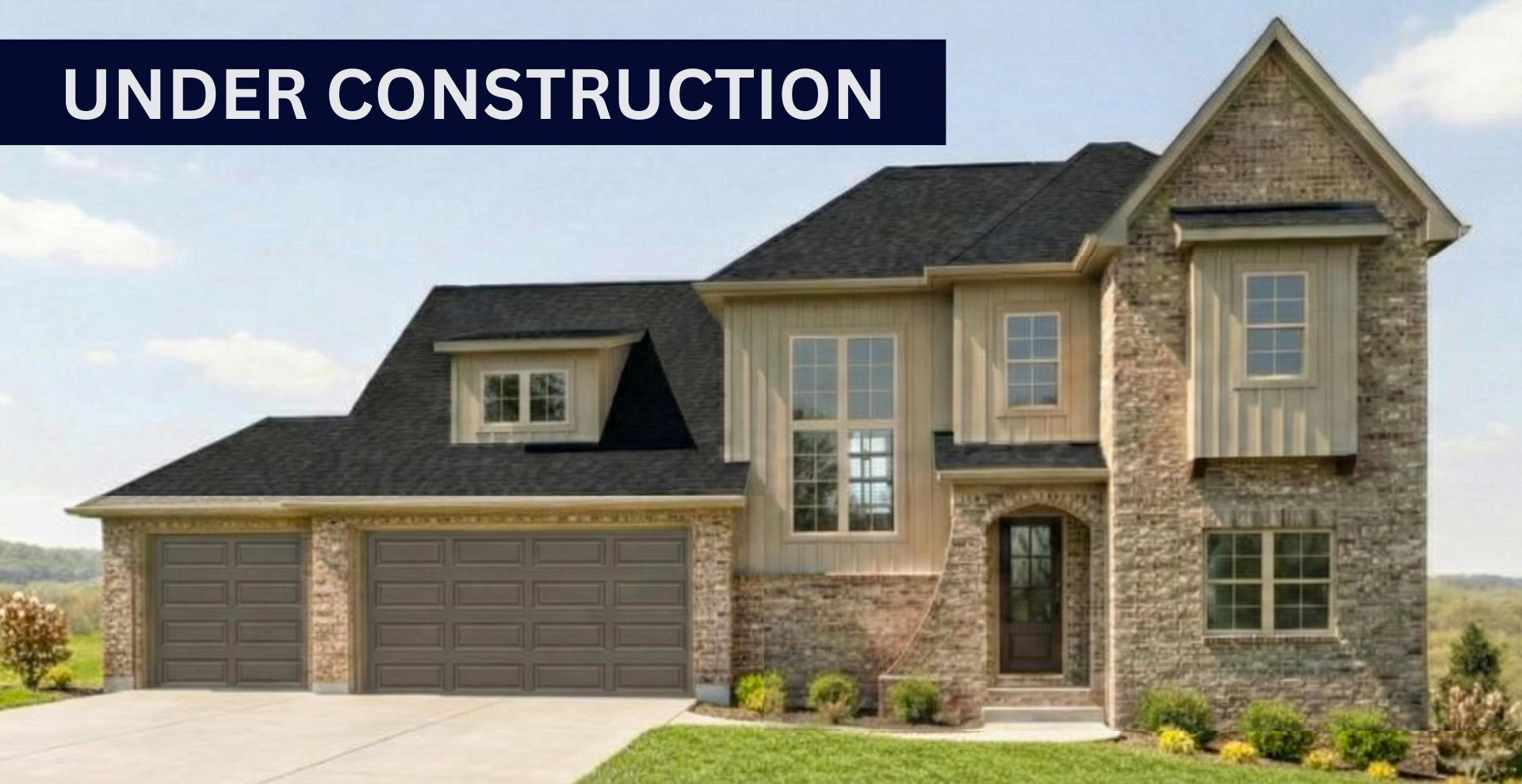 new construction home with beige exterior with lots of windows and two stories by hines homes
