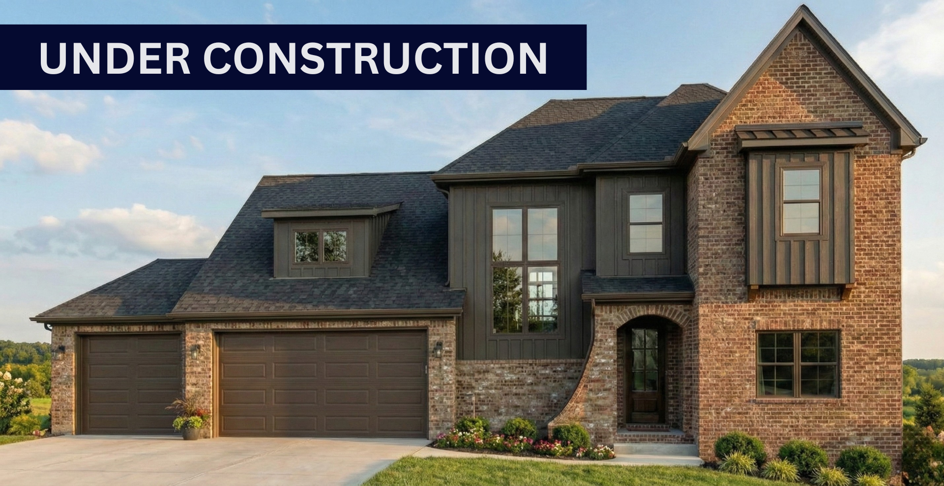 new construction home with beige exterior with lots of windows and two stories by hines homes