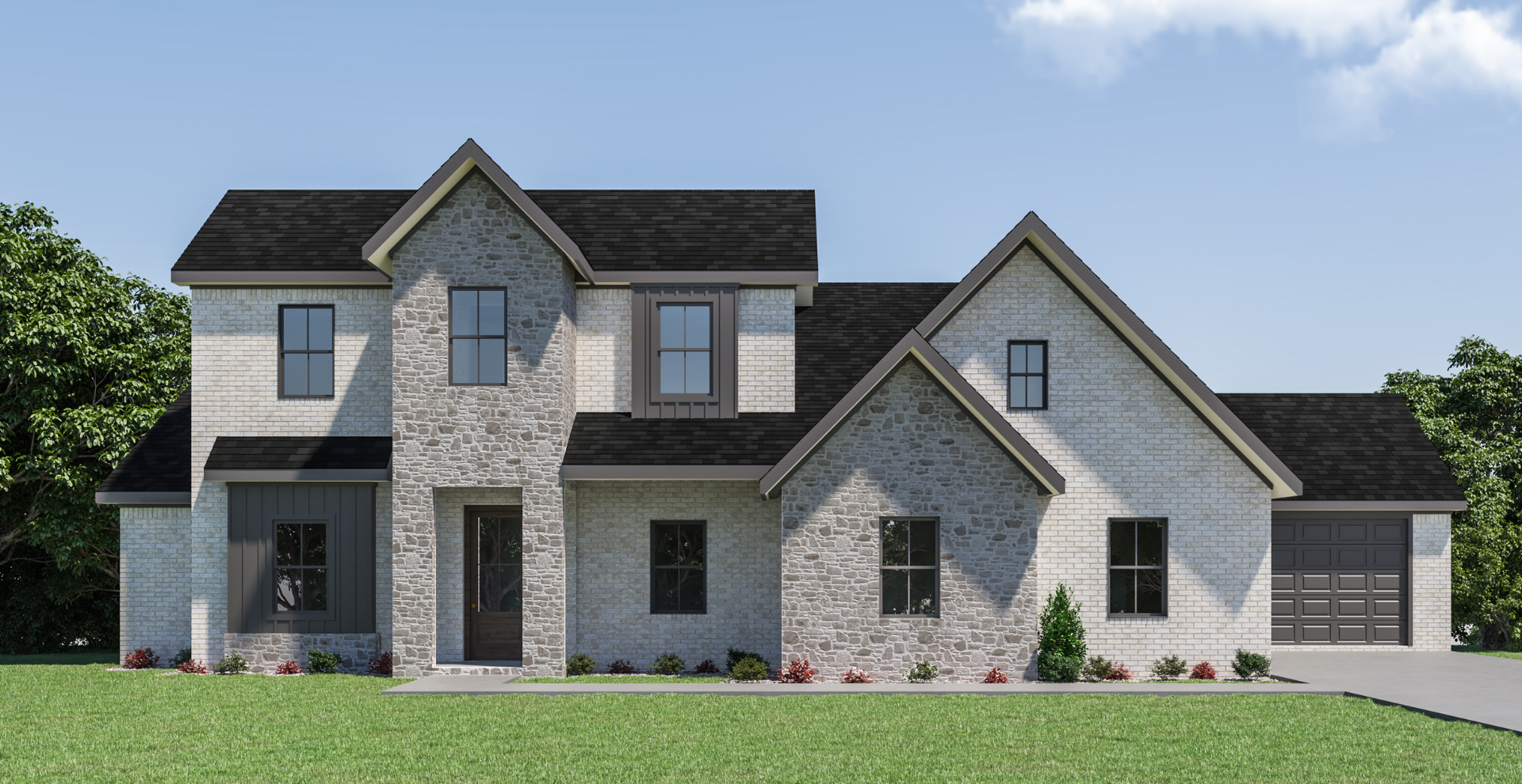 Simple custom home built by hines homes with dark brick and a white accent wall out front with a curved front porch
