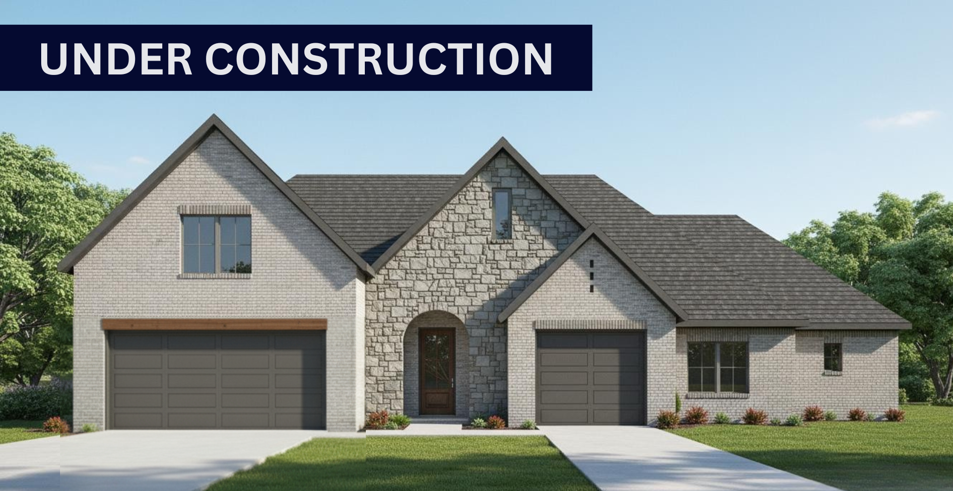 Simple custom home built by hines homes with dark brick and a white accent wall out front with a curved front porch