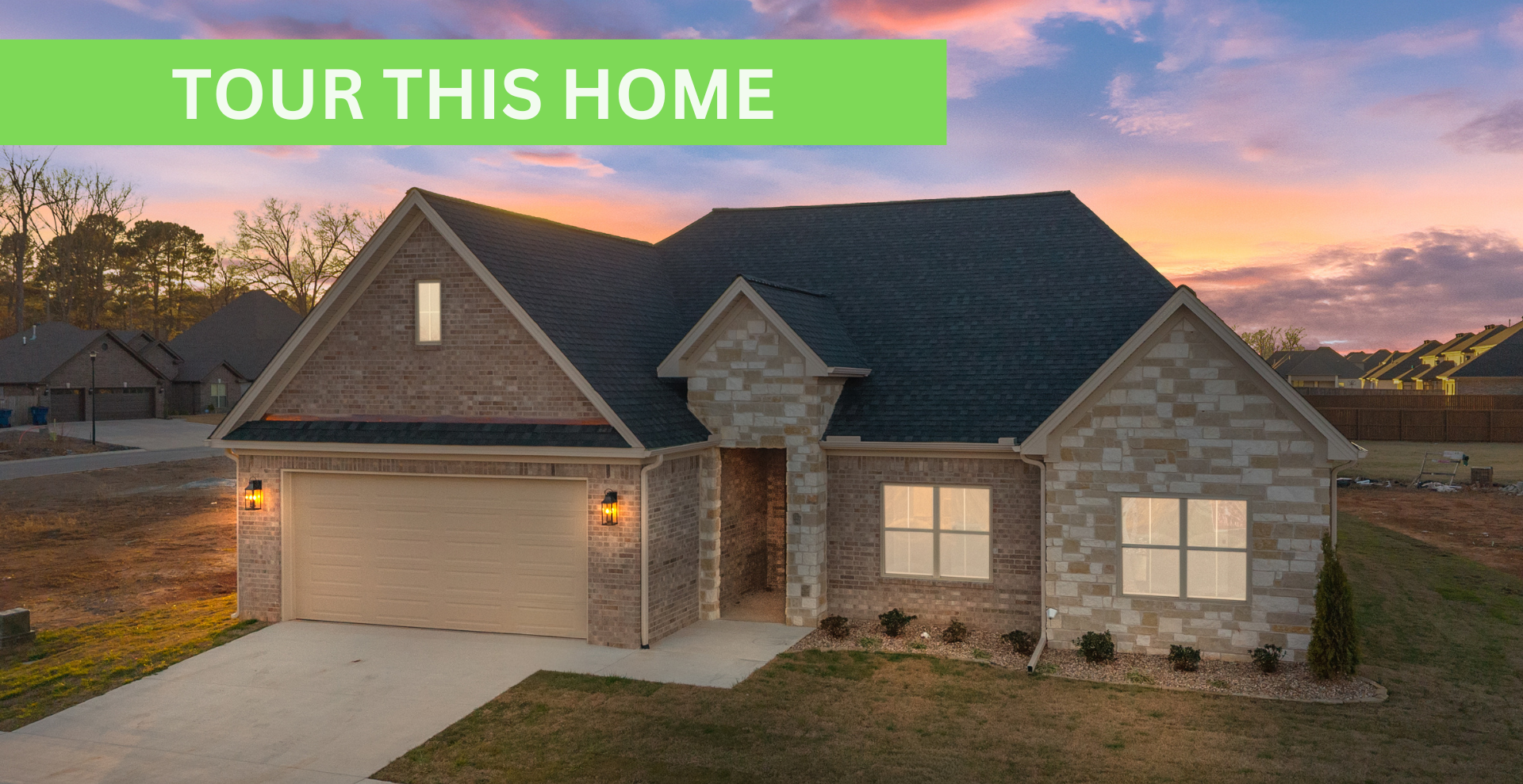 Simple custom home built by hines homes with dark brick and a white accent wall out front with a curved front porch