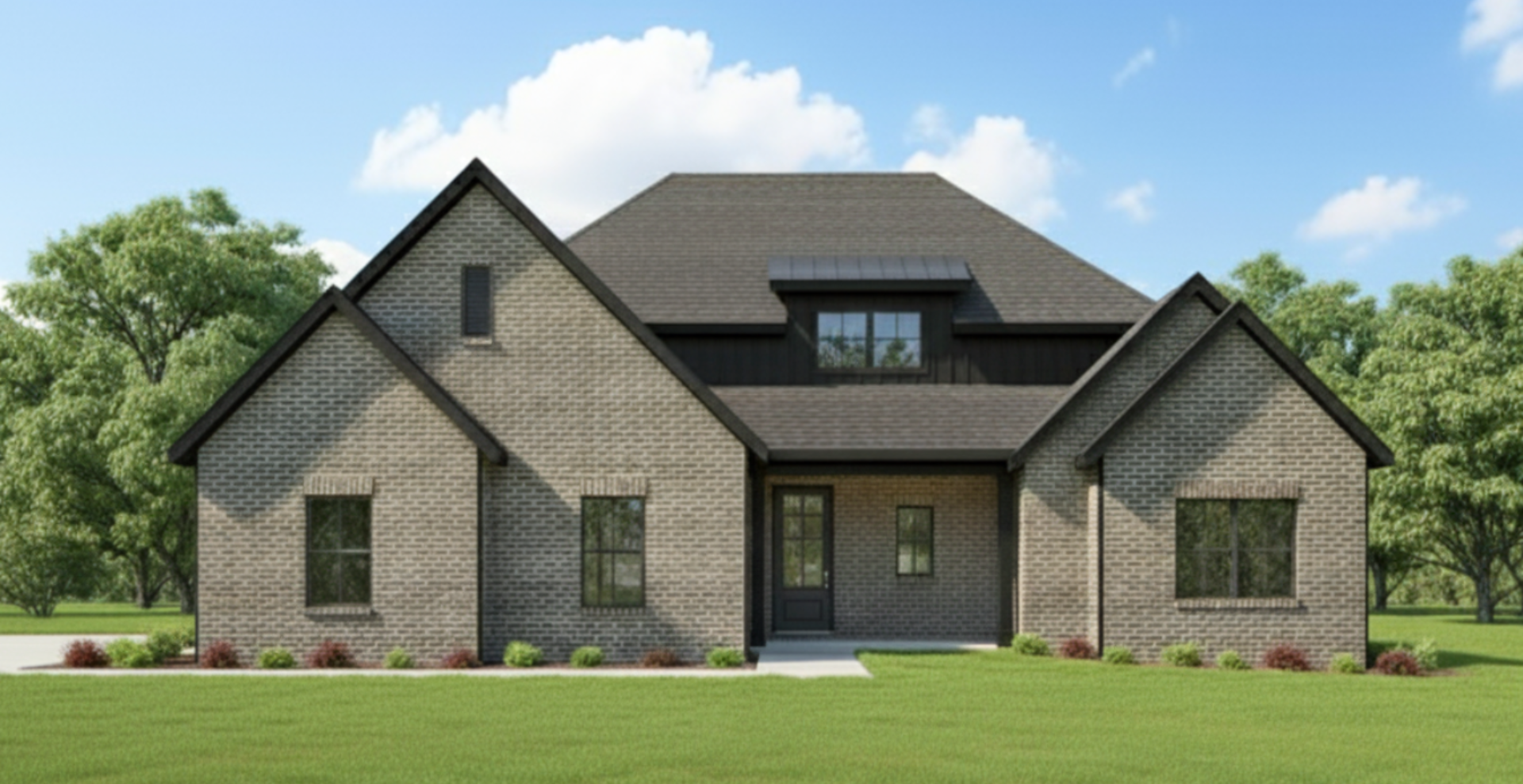 Simple custom home built by hines homes with dark brick and a white accent wall out front with a curved front porch