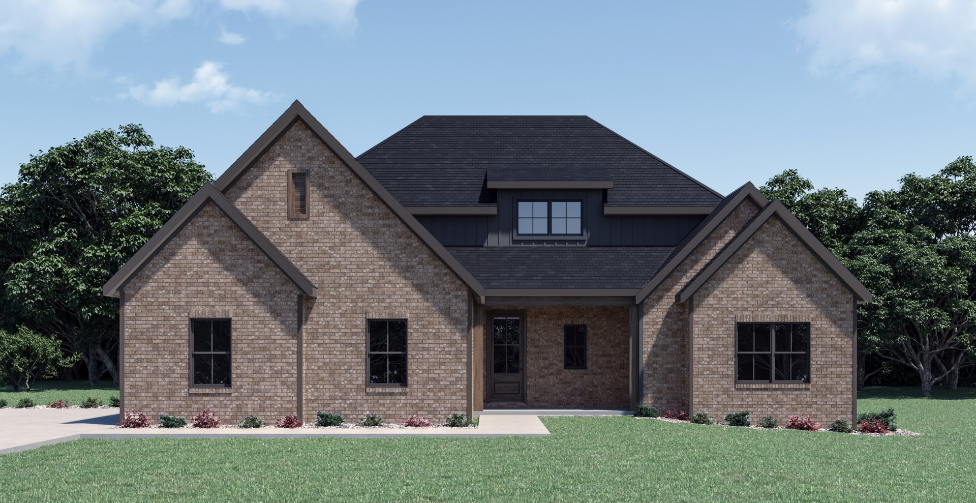 Simple custom home built by hines homes with dark brick and a white accent wall out front with a curved front porch