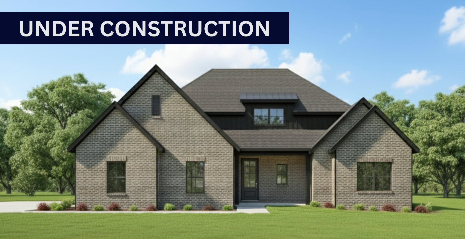 Simple custom home built by hines homes with dark brick and a white accent wall out front with a curved front porch