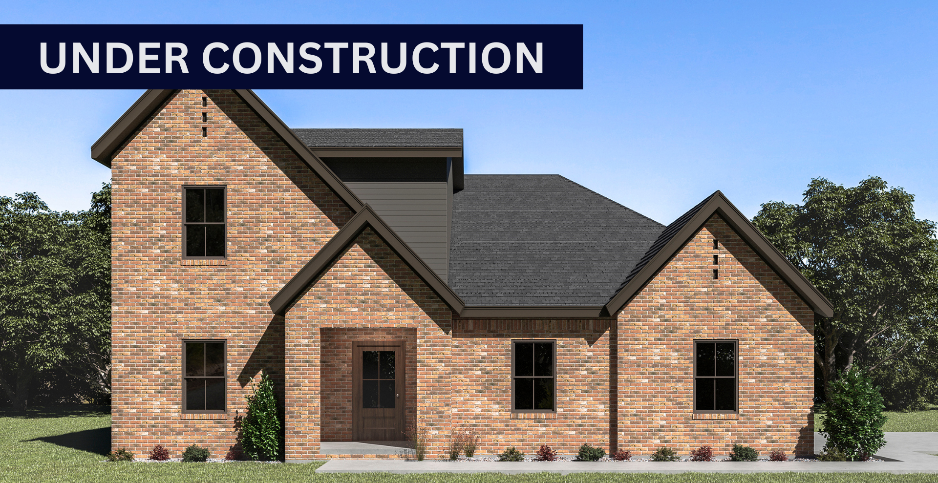 Simple custom home built by hines homes with dark brick and a white accent wall out front with a curved front porch