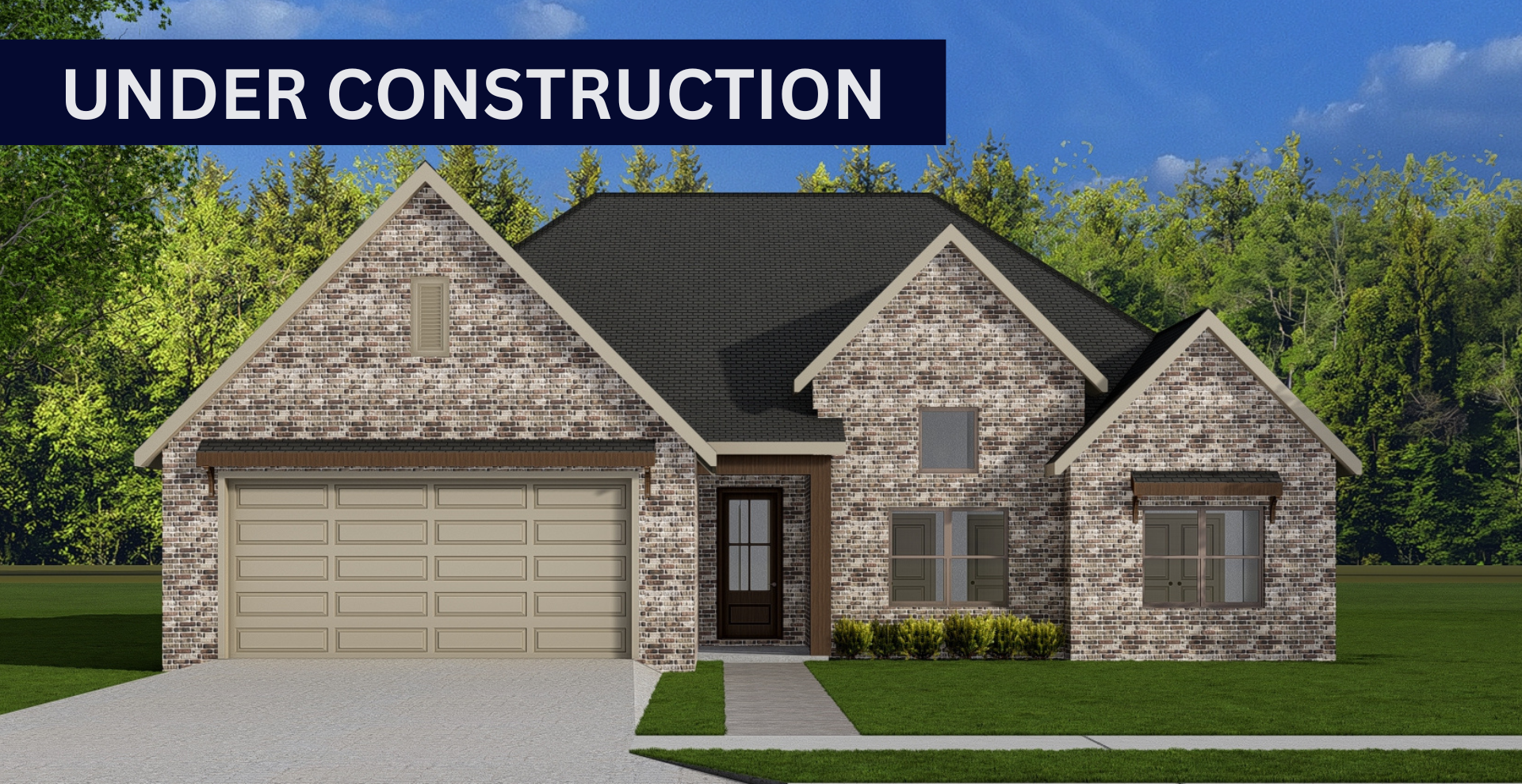 Simple custom home built by hines homes with dark brick and a white accent wall out front with a curved front porch