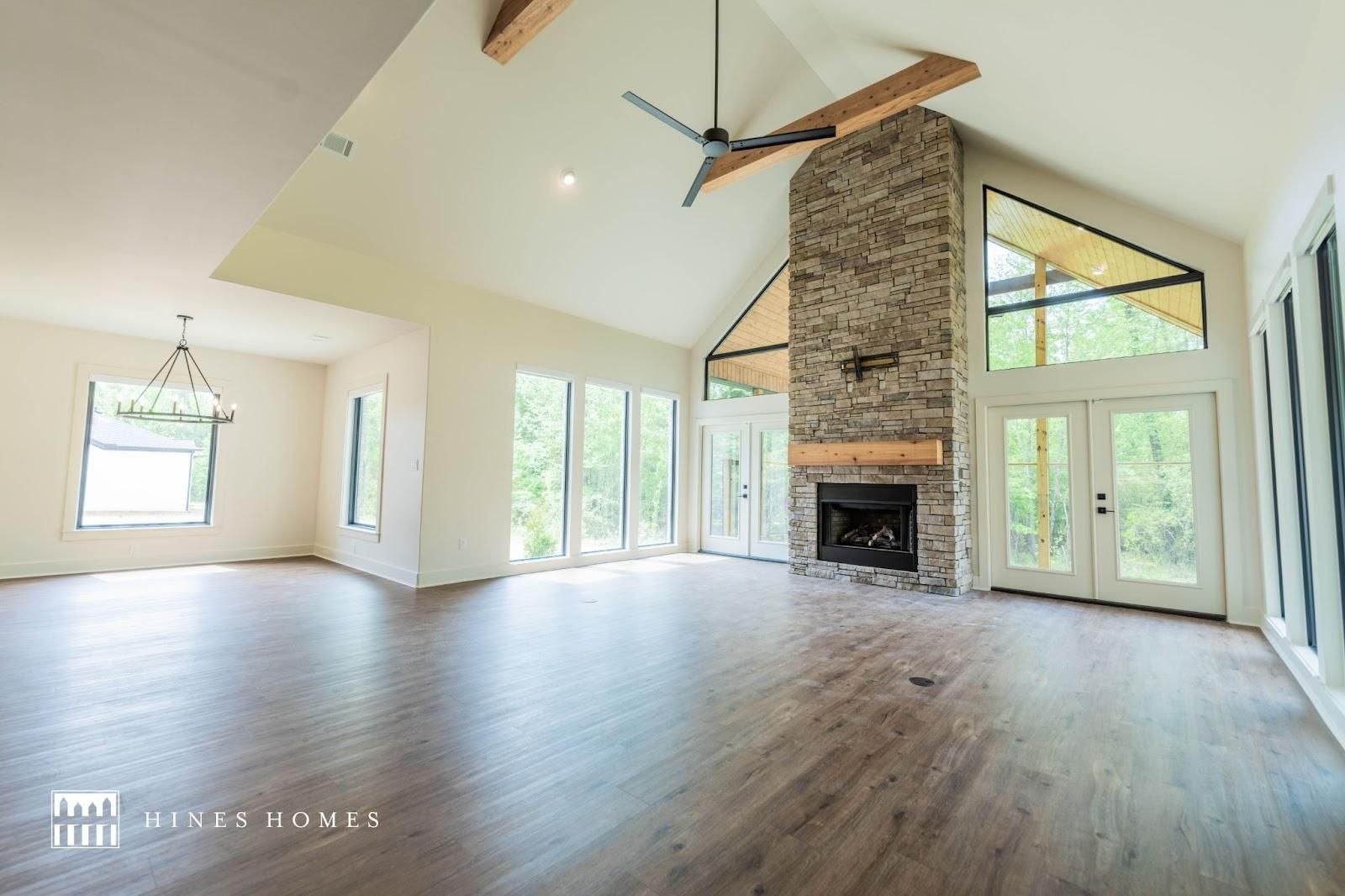 open floor living room with brick fireplace