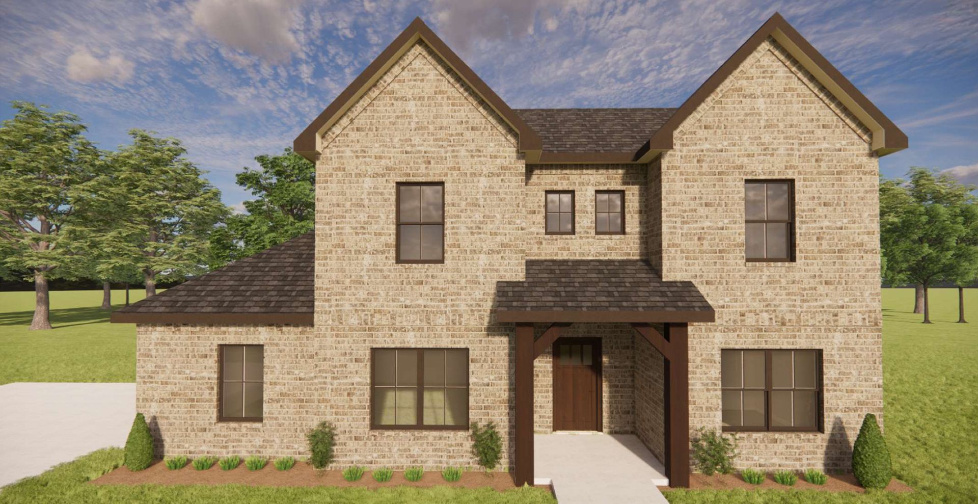 brand new construction home with brown garage door and beige brick
