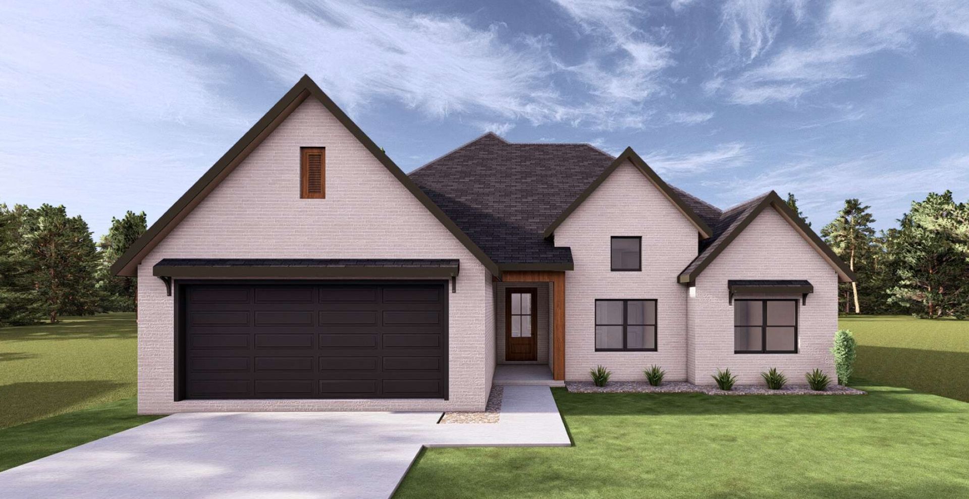 brand new construction home with brown garage door and beige brick
