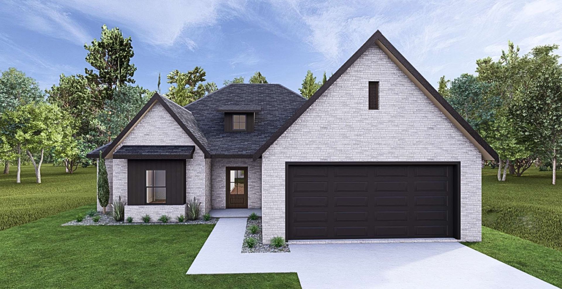 brand new construction home with brown garage door and beige brick
