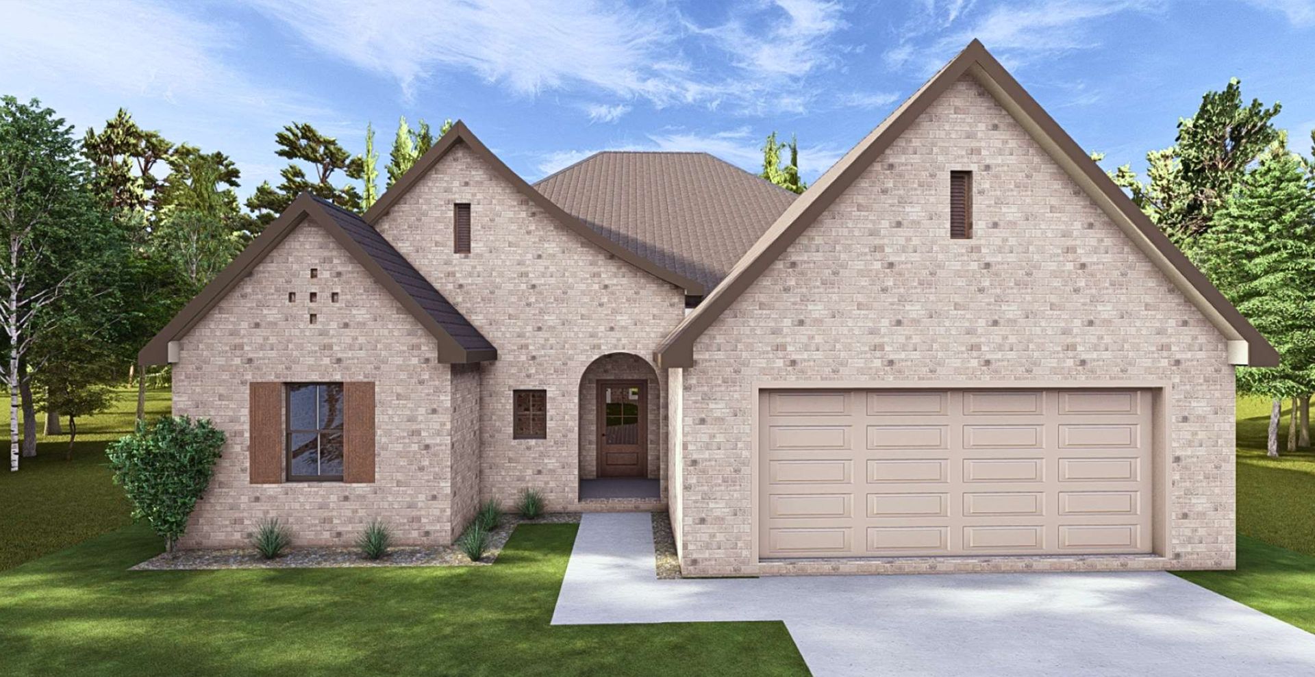 brand new construction home with brown garage door and beige brick
