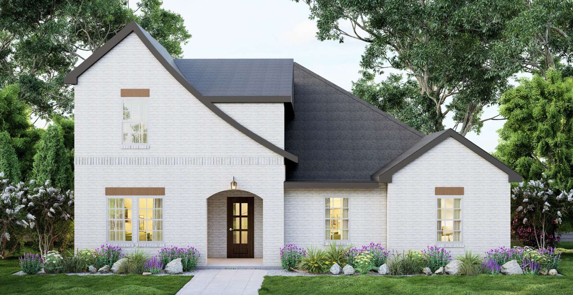 brand new construction home with brown garage door and beige brick
