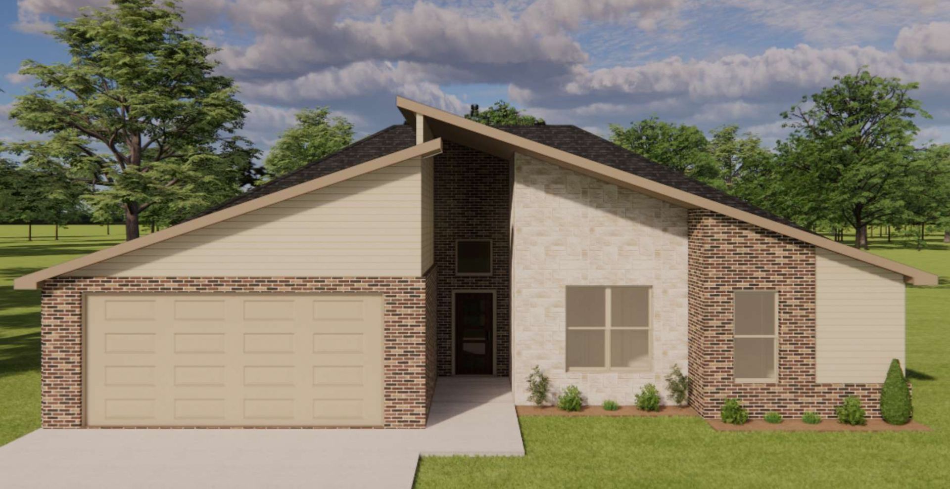 brand new construction home with brown garage door and beige brick
