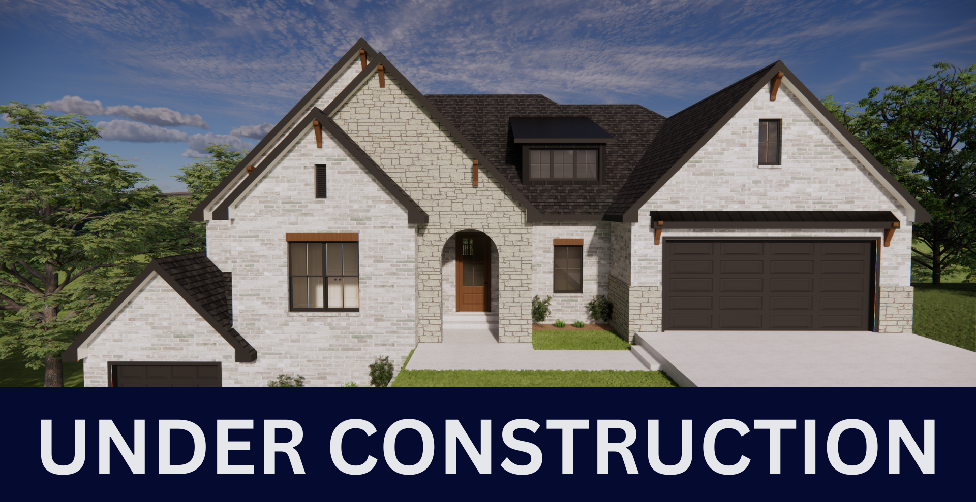 new construction home with brick and stone exterior and third car garage on a lower deck hines homes
