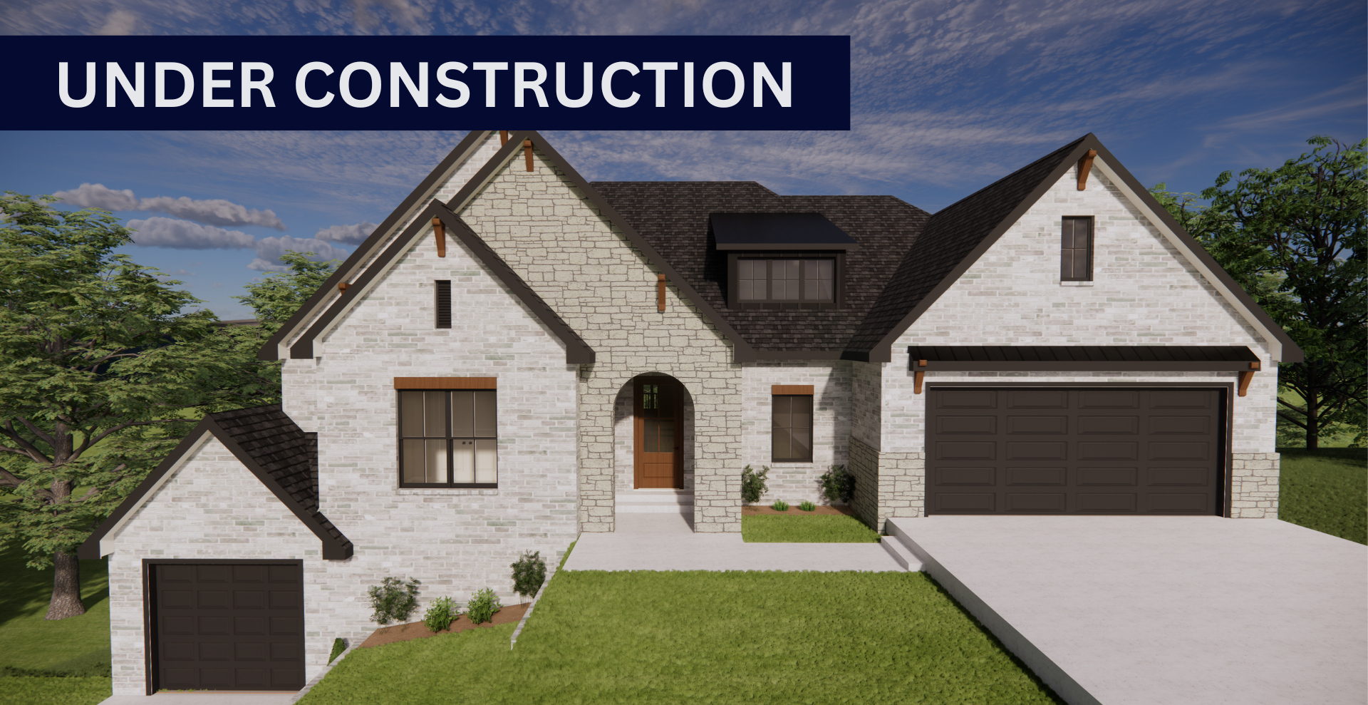 new construction home with brick and stone exterior and third car garage on a lower deck hines homes