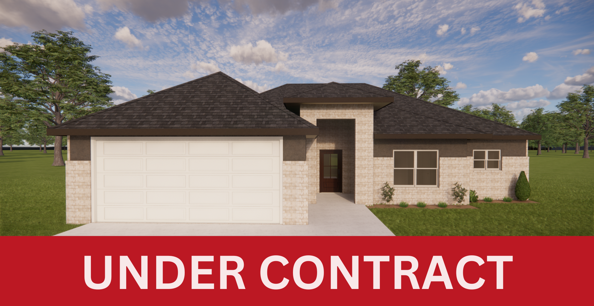 new construction home with dark roof, white garage door, and lighter brick. single level house