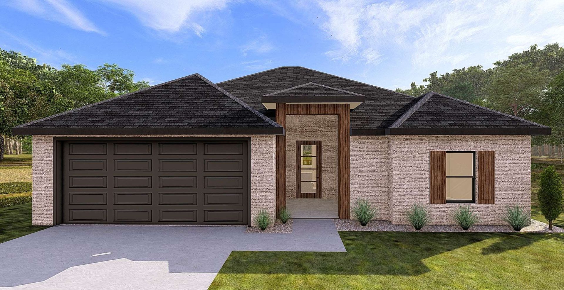 brand new construction home with brown garage door and beige brick
