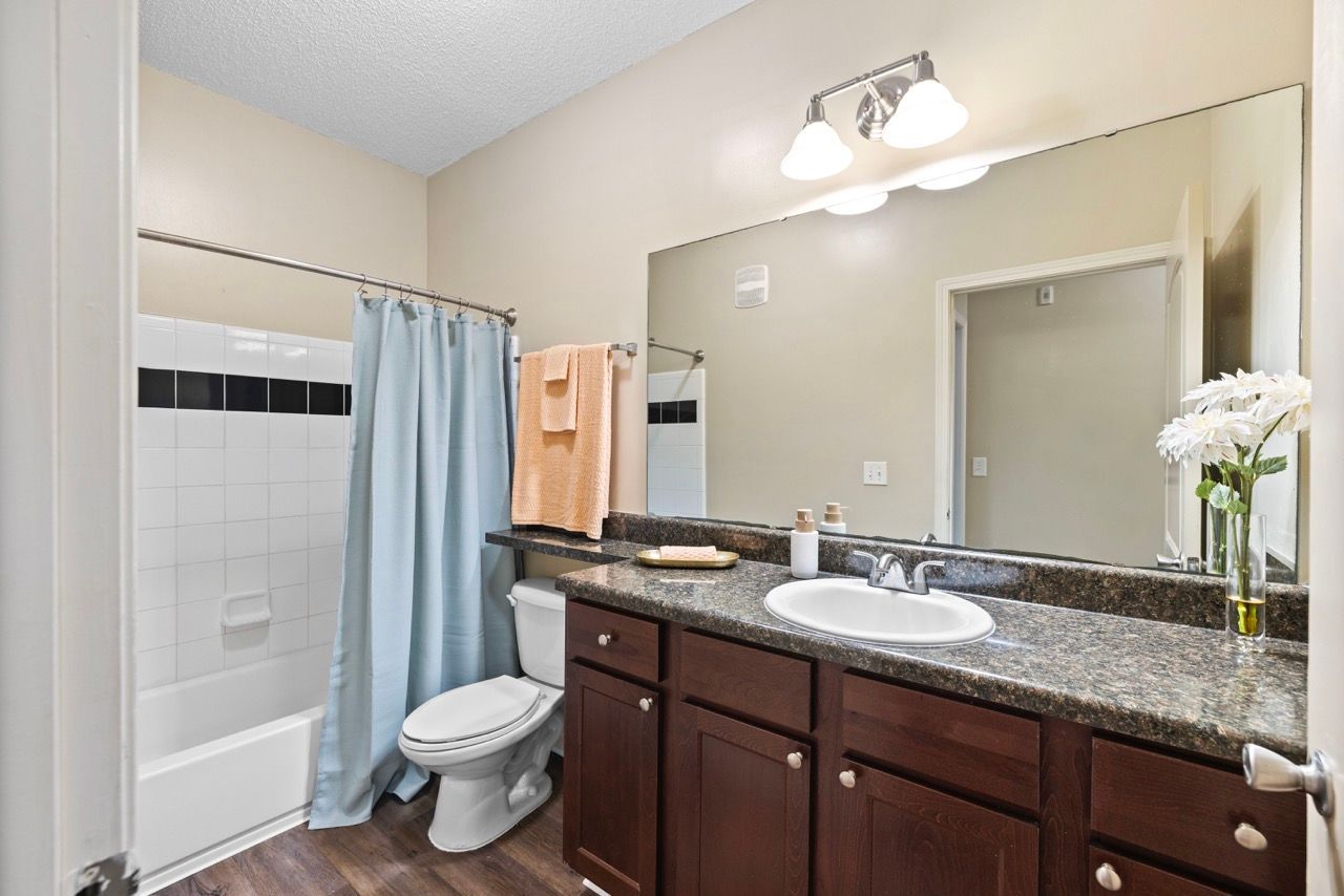 Apartment bathroom with granite countertop, sink, vanity, mirror, and blue shower curtain.