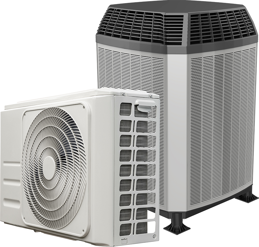 Two air conditioning units; one rectangular, one hexagonal, both outdoors.