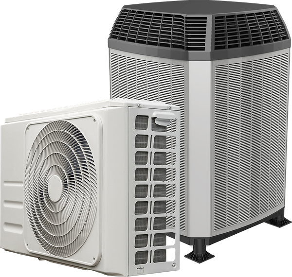 Two air conditioning units; one rectangular, one hexagonal, both outdoors.