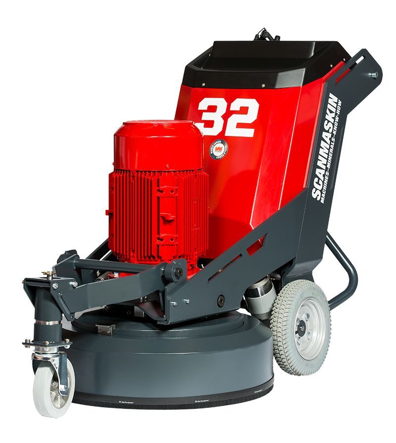 Red floor grinder with large red motor and black handle, labeled 32, on white background