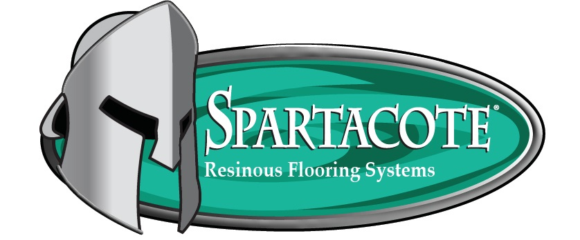 SpartaCote logo with green oval and metallic shield icon, labeled “Resinous Flooring Systems”