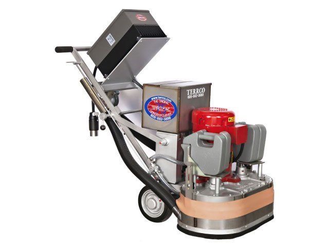 Floor grinding machine with red engine and dust hood on wheels