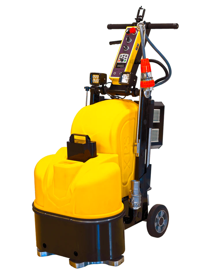 Yellow commercial floor-cleaning machine with black base and handle, shown upright on wheels