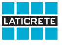 LATICRETE logo with white text on a black bar, framed by blue squares on a white background