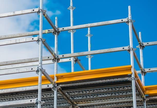 : Aluminum scaffolding setup for rent by Scaffco Scaffolding in Cleveland, OH, offering high-quality scaffolding rental solutions for your project.