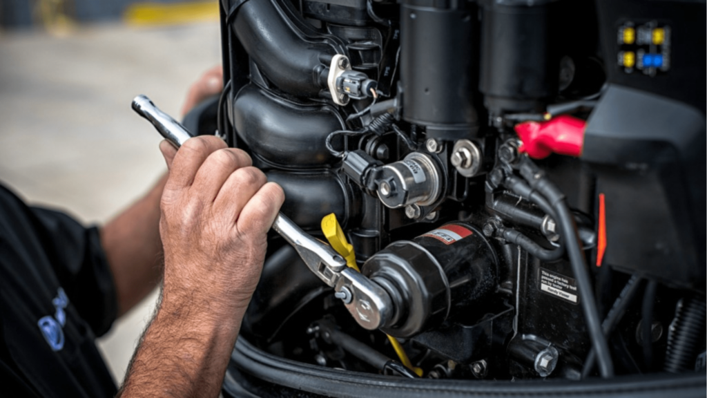 Hands using a wrench to repair a black engine with red and yellow components.