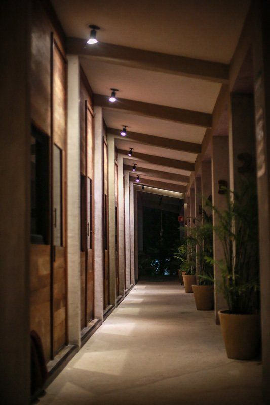 Pasillo exterior estrecho y poco iluminado, con puertas de madera, columnas de hormigón y plantas en macetas.