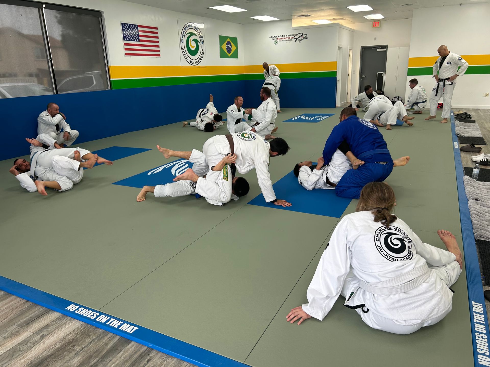 A group of people are practicing jiu jitsu in a gym.