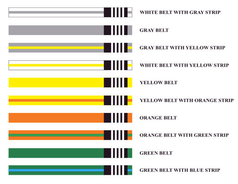 A diagram showing different belt colors including white belt with gray strip yellow belt with orange strip orange belt with green strip green belt with blue strip