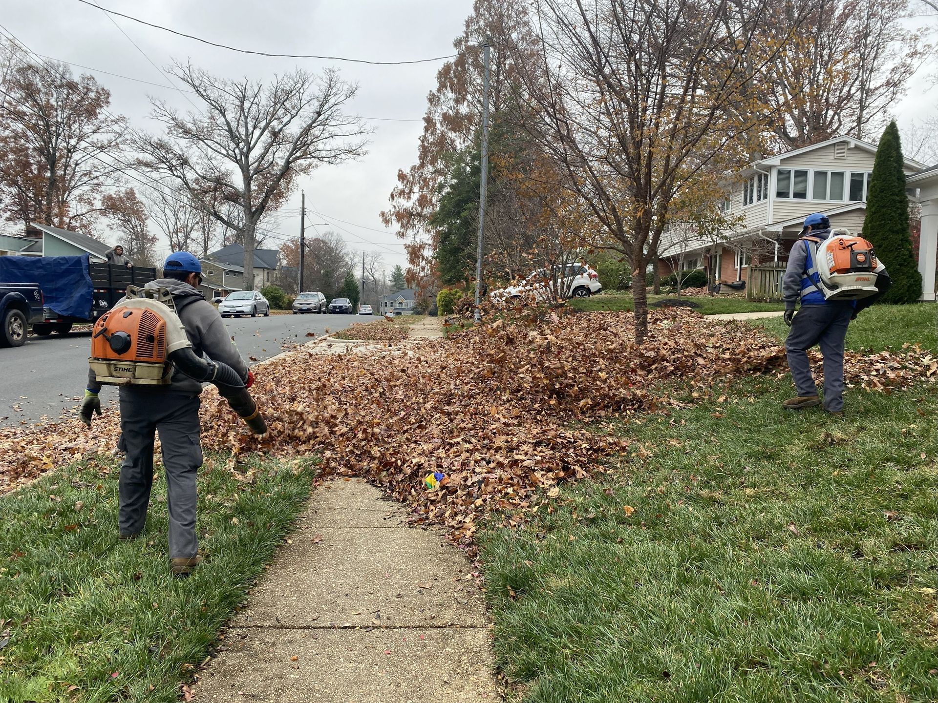 Two people using leaf blowers to move leaves on a sidewalk, next to a street in a residential area.