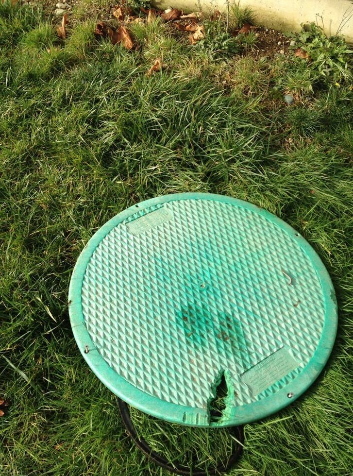 a green manhole cover with a hole in it is in the grass