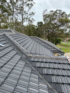A roof with a lot of tiles on it and trees in the background.