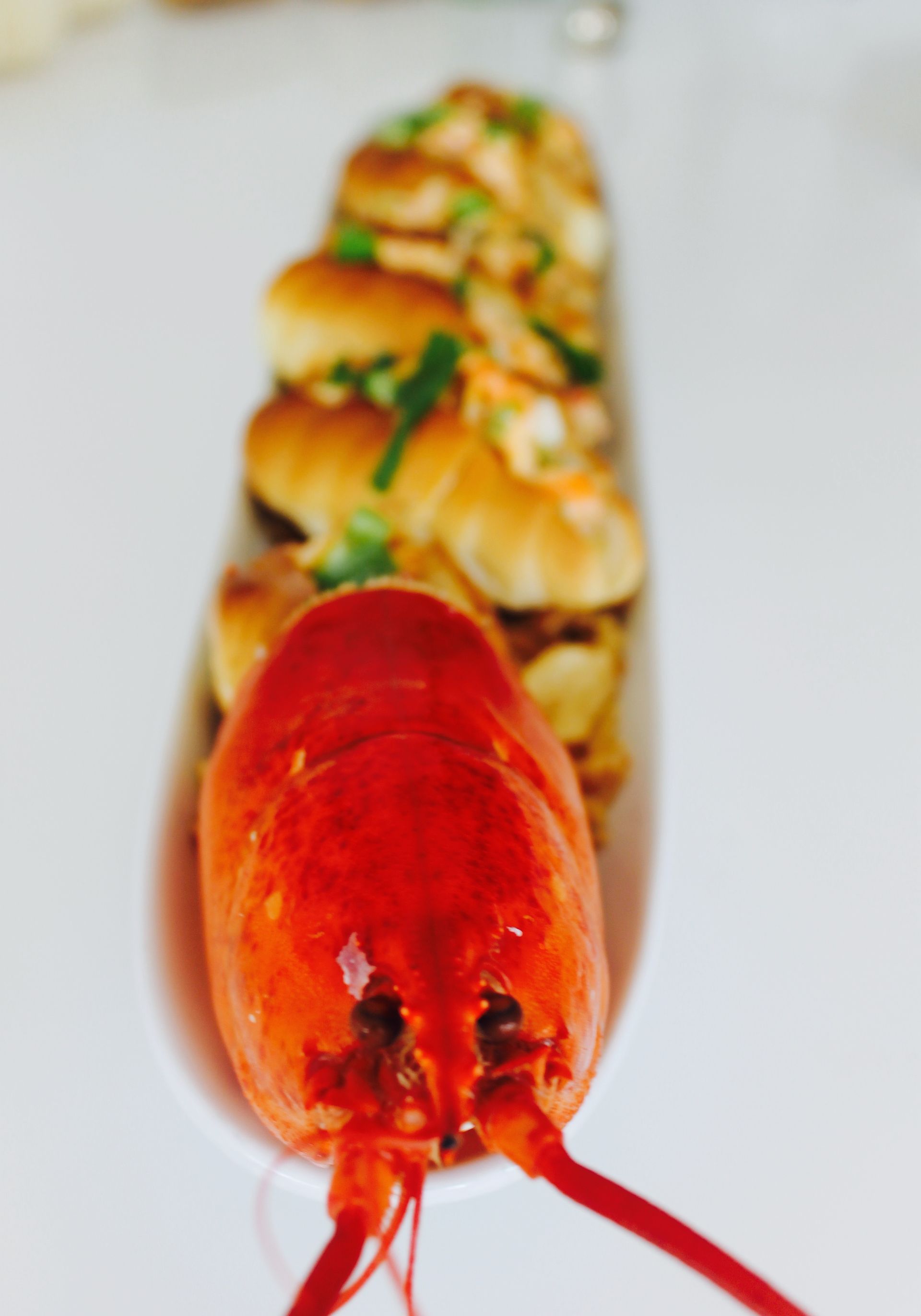 Lobster next to lobster roll sliders on a white platter.