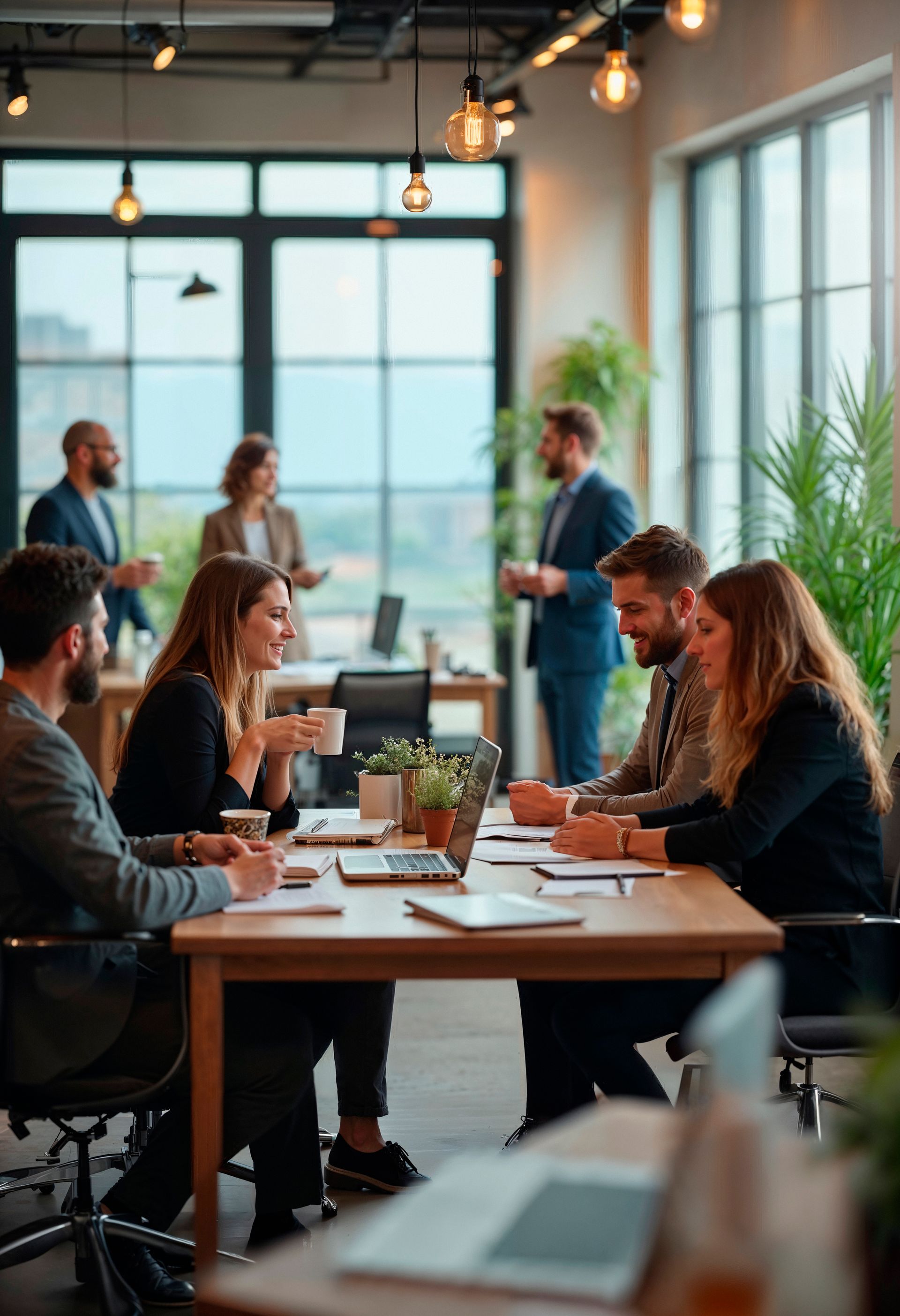 Person writing in a notebook at a table with a laptop and another person using a phone.