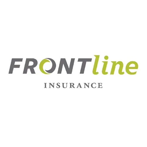 Frontline Insurance logo: gray text with green accent; crescent symbol.