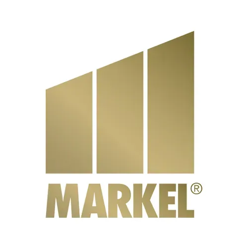 Logo for Markel, featuring gold-colored vertical bars and the company name in gold.