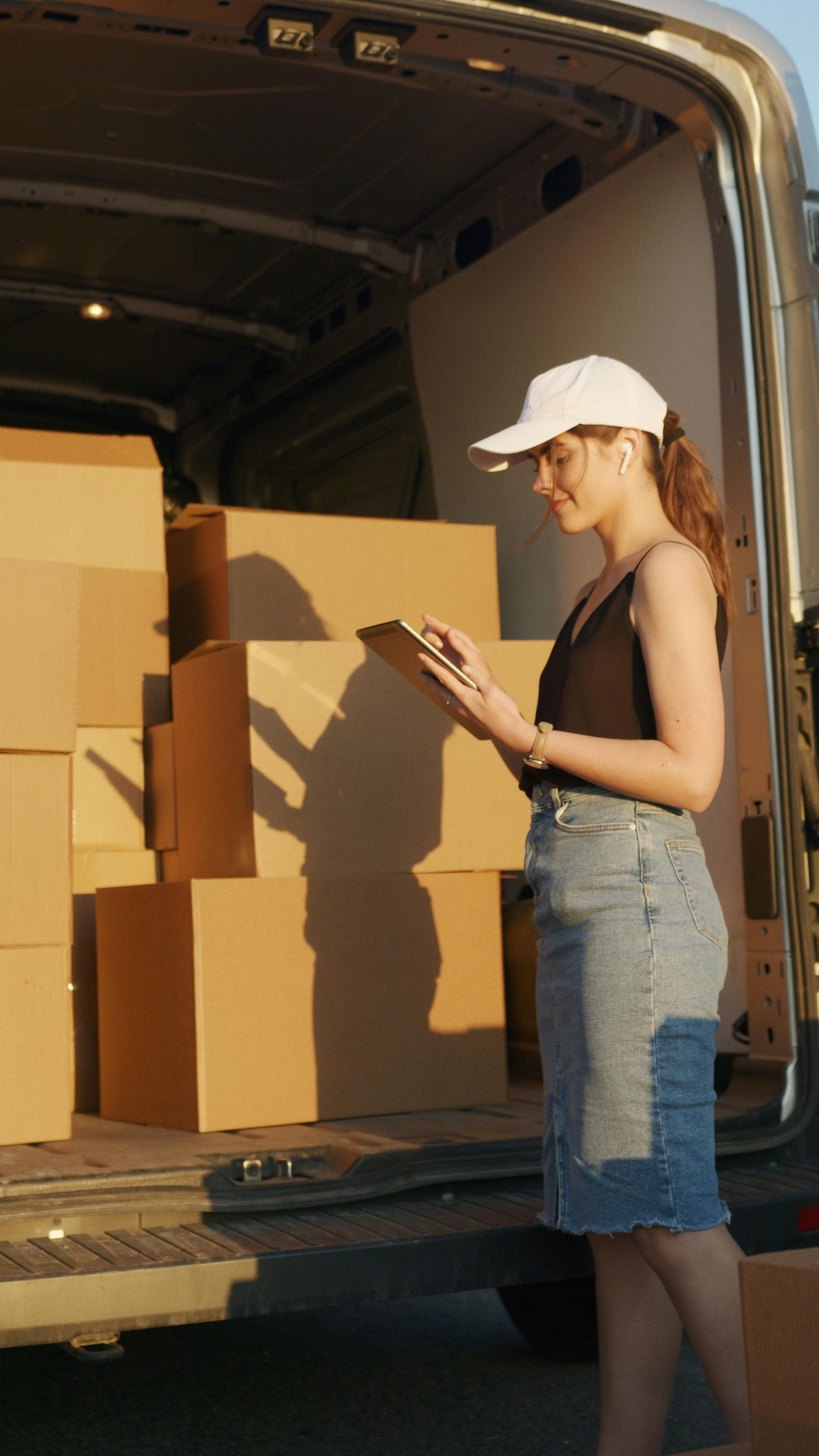 Woman in cap, skirt, and top, with clipboard, checks boxes in a delivery van.