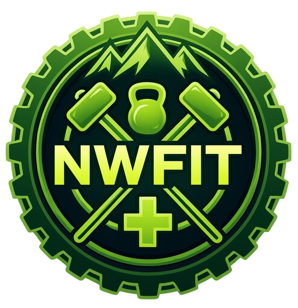 Neon green NWFIT fitness emblem with kettlebell, dumbbells, and medical cross on black gear background