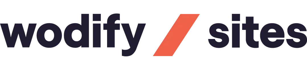 Wodify Sites logo with red slash between “wodify” and “sites” on a white background