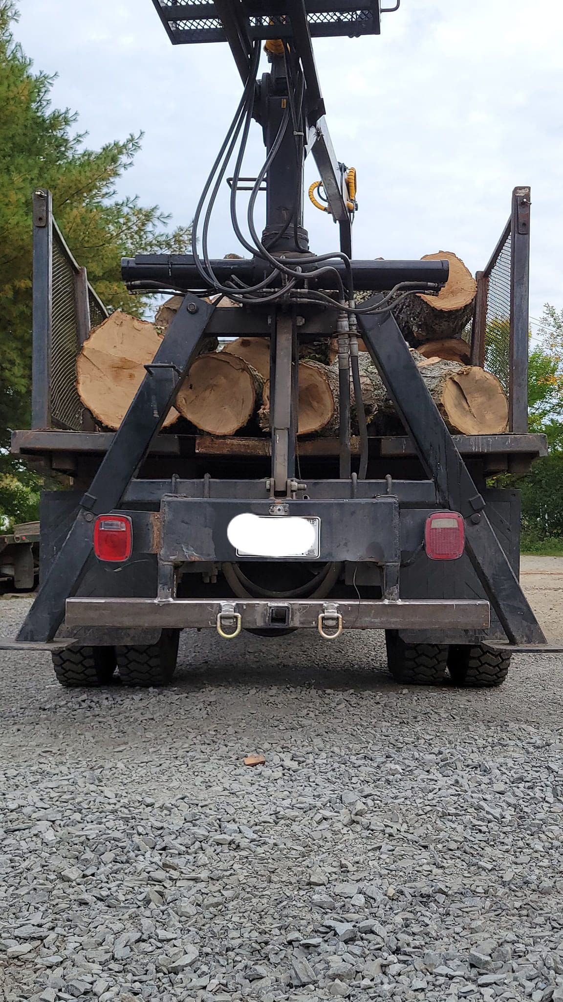 The back of a truck carrying logs on a gravel road.