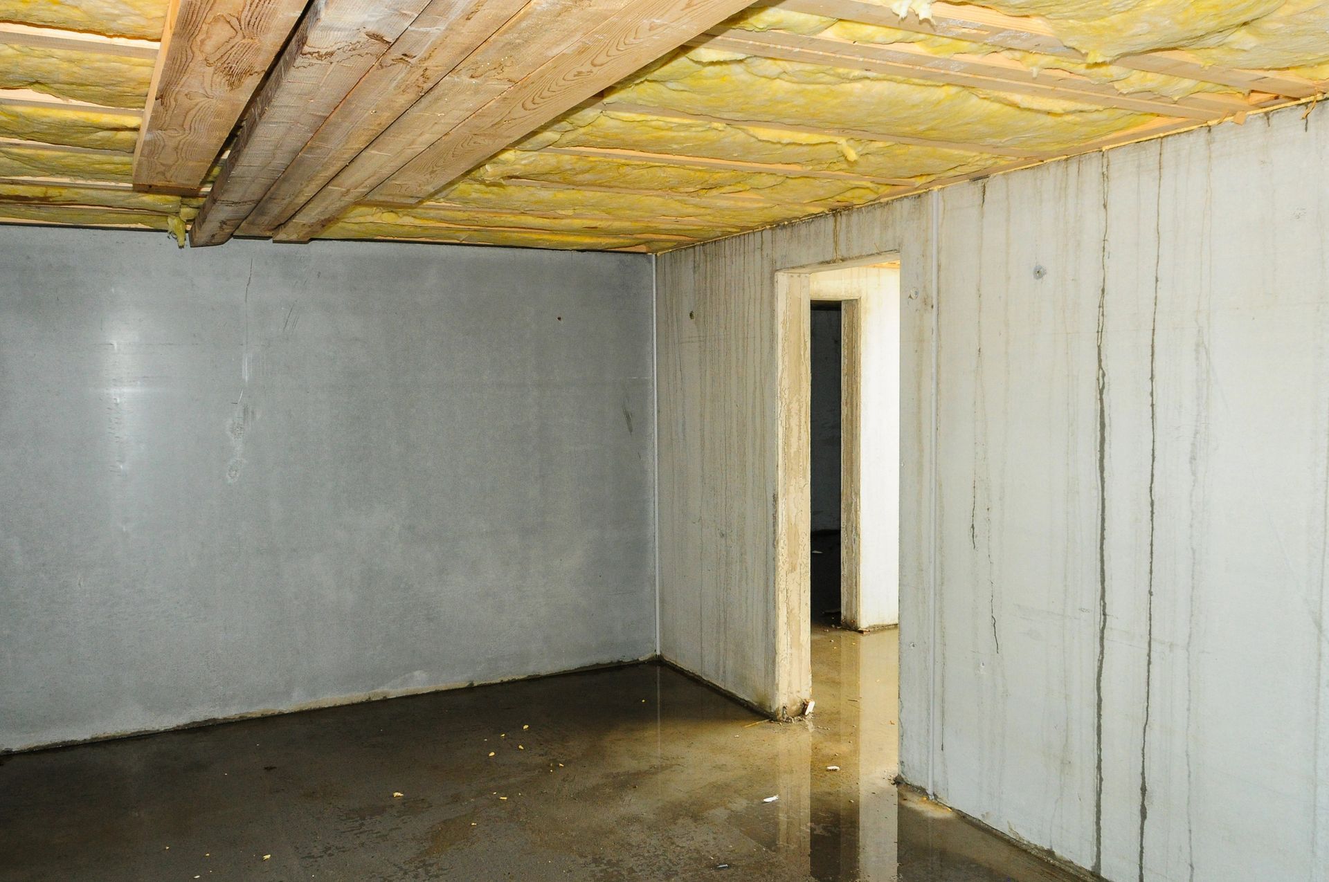 An empty basement with a doorway leading to a room.