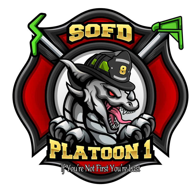A logo for sofd platoon 1 with a dragon wearing a fireman 's hat