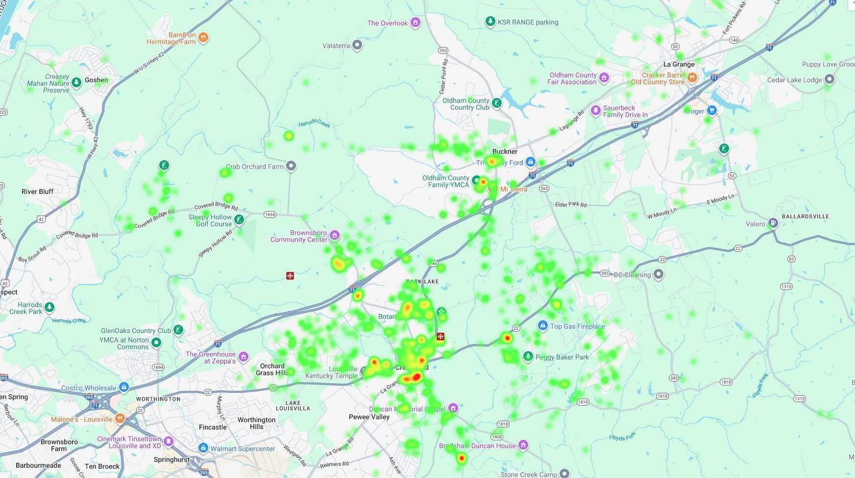 A map of a city with a lot of green dots on it.