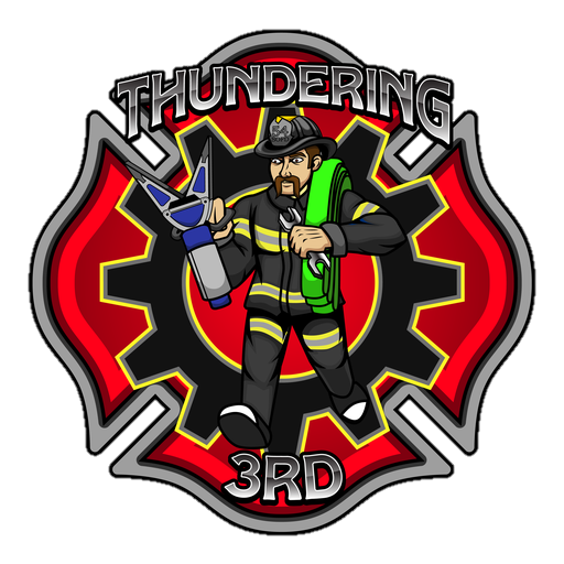 A fireman is holding a saw in front of a fire emblem.