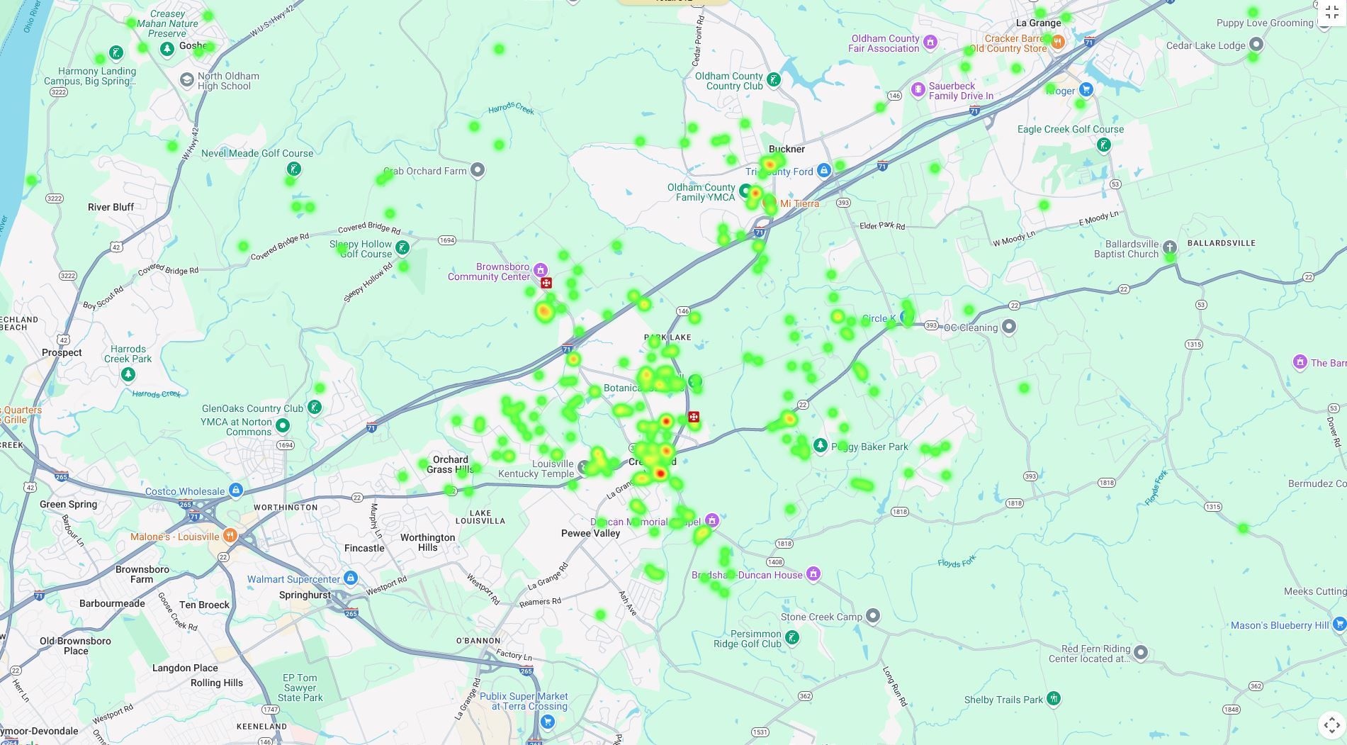 A map of a city with a lot of green dots on it.